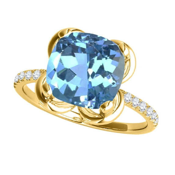 Mauli Jewels Rings for Women 2.25 Carat.Twt Cushion Shape Blue Topaz And Diamond Ring 4 Prong 10K Yellow Gold