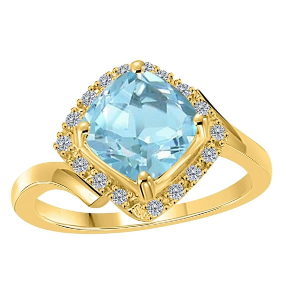 Mauli Jewels Rings for Women 2.30 Carat Diamond And Cushion Cut Aqumarine Ring 4 Prong 14K Yellow Gold