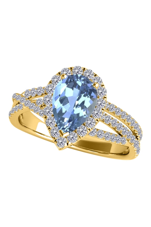 Rings for Women 2.34 Carat Diamond and Pear Shaped Blue Topaz Ring Shared-prong 10K Yellow Gold