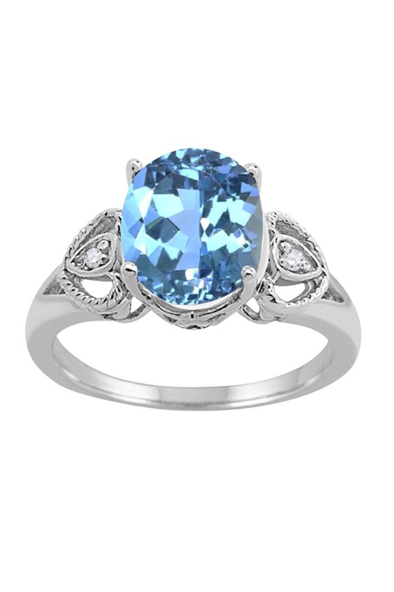 Rings for Women 2.42 Carat Oval Blue Topaz and Diamond Ring 4-Prong 10K White Gold