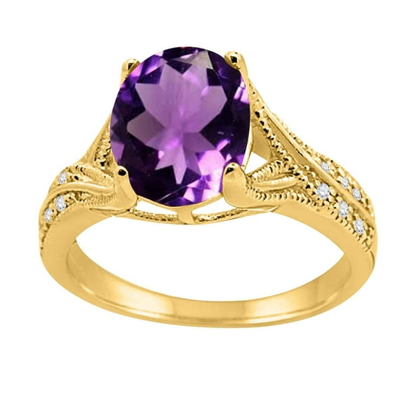 Mauli Jewels Rings for Women 2.46 Carat Oval Cut Amethyst and Diamond Antique Ring 4-Prong 10K Yellow Gold