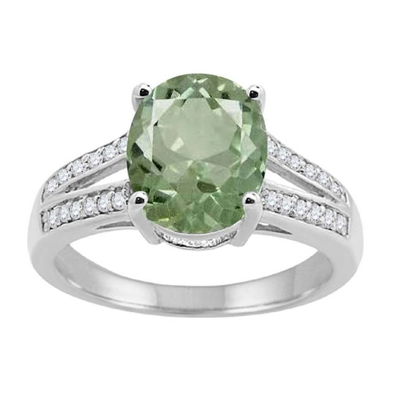 Mauli Jewels Rings for Women 2.52 Carat Oval Green Amethyst and Diamond Ring 4-Prong 10K White Gold