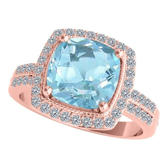 Mauli Jewels Rings for Women 2.60 Carat Diamond And Cushion Cut Aqumarine Ring 4 Prong 14K Rose Gold