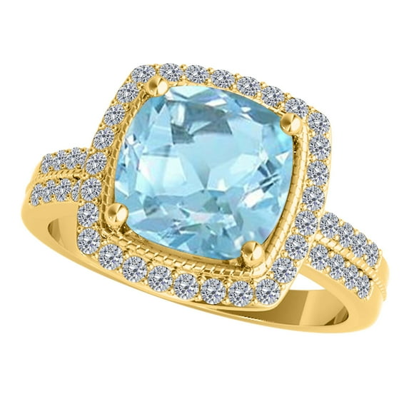 Mauli Jewels Rings for Women 2.60 Carat Diamond And Cushion Cut Aqumarine Ring 4 Prong 14K Yellow Gold