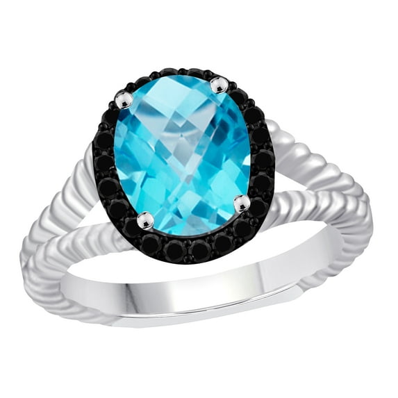 Mauli Jewels Rings for Women 2 Carat Blue Topaz And Black Diamond Oval Shape Gemstone Ring Prong-Setting 10K White Gold