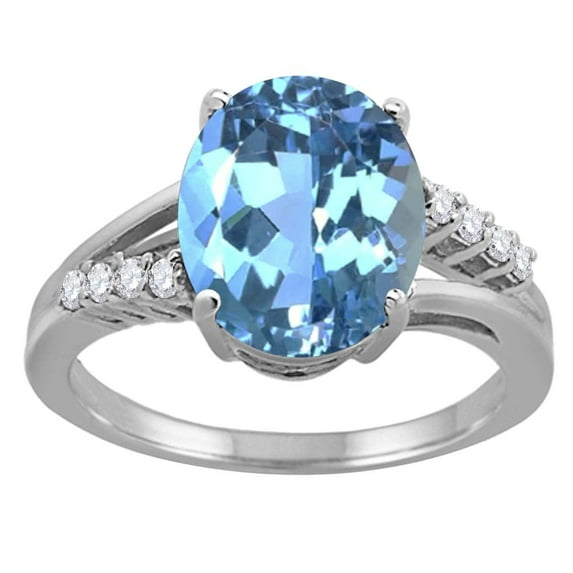 Mauli Jewels Rings for Women 3.3 Carat Oval Shaped Blue Topaz and Diamond Ring 4-Prong 10K White Gold