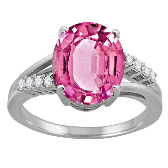 Mauli Jewels Rings for Women 3.3 Carat Oval Shaped Pink Topaz and Diamond Ring 4-Prong 10K White Gold