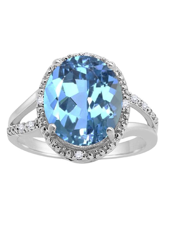 Rings for Women 4.53 Carat Oval Shaped Blue Topaz and Diamond Ring 4-Prong 10K White Gold