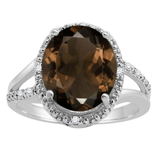 Mauli Jewels Rings for Women 4.53 Carat Oval Shaped Smokey Quartz and Diamond Ring 4-Prong 10K White Gold