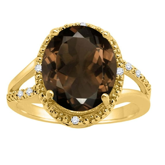 Mauli Jewels Rings for Women 4.53 Carat Oval Shaped Smokey Quartz and Diamond Ring 4-Prong 10K Yellow Gold