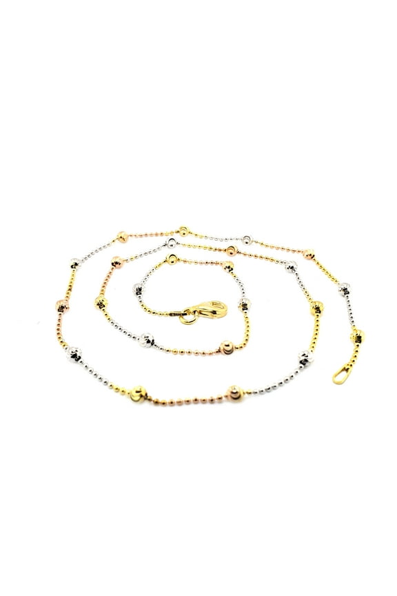 MauliJewels 3.2MM Tri-Color 14K Rose, White & Yellow Gold Rhodium Plated Ball Bead 18-Inch Italian Necklace Chain for Women, 925 Sterling Silver