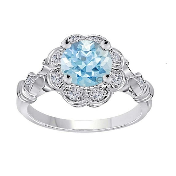 Mauli Jewels Women's 1 Carat Aquamarine and Halo Diamond Engagement Ring in 10K White Gold
