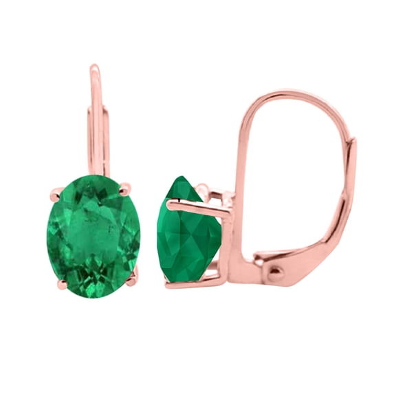 MauliJewels Earrings for Women 1.6 Carat 7x5MM Oval Created Emerald Leverback Earrings Carat 14K Rose Gold 4-prong