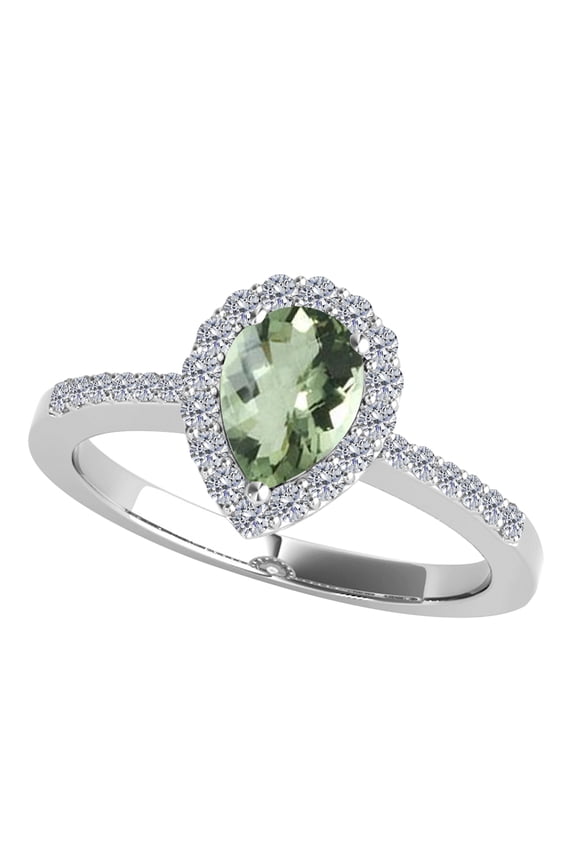 MauliJewels Rings for Women 1.40 Carat Diamond and Pear Shaped Green Amethyst Ring 4-prong 10K White Gold Gemstone Wedding Jewelry Collection