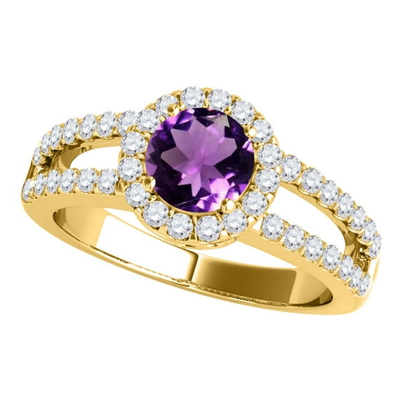 MauliJewels Rings for Women 1.65 Carat Diamond and Round Shaped Amethyst Ring 4-prong 10K Yellow Gold Gemstone Wedding Jewelry Collection