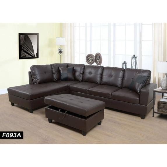 Maumee 103.5" Wide Faux Leather Sofa & Chaise with Ottoman,Left Facing Brown
