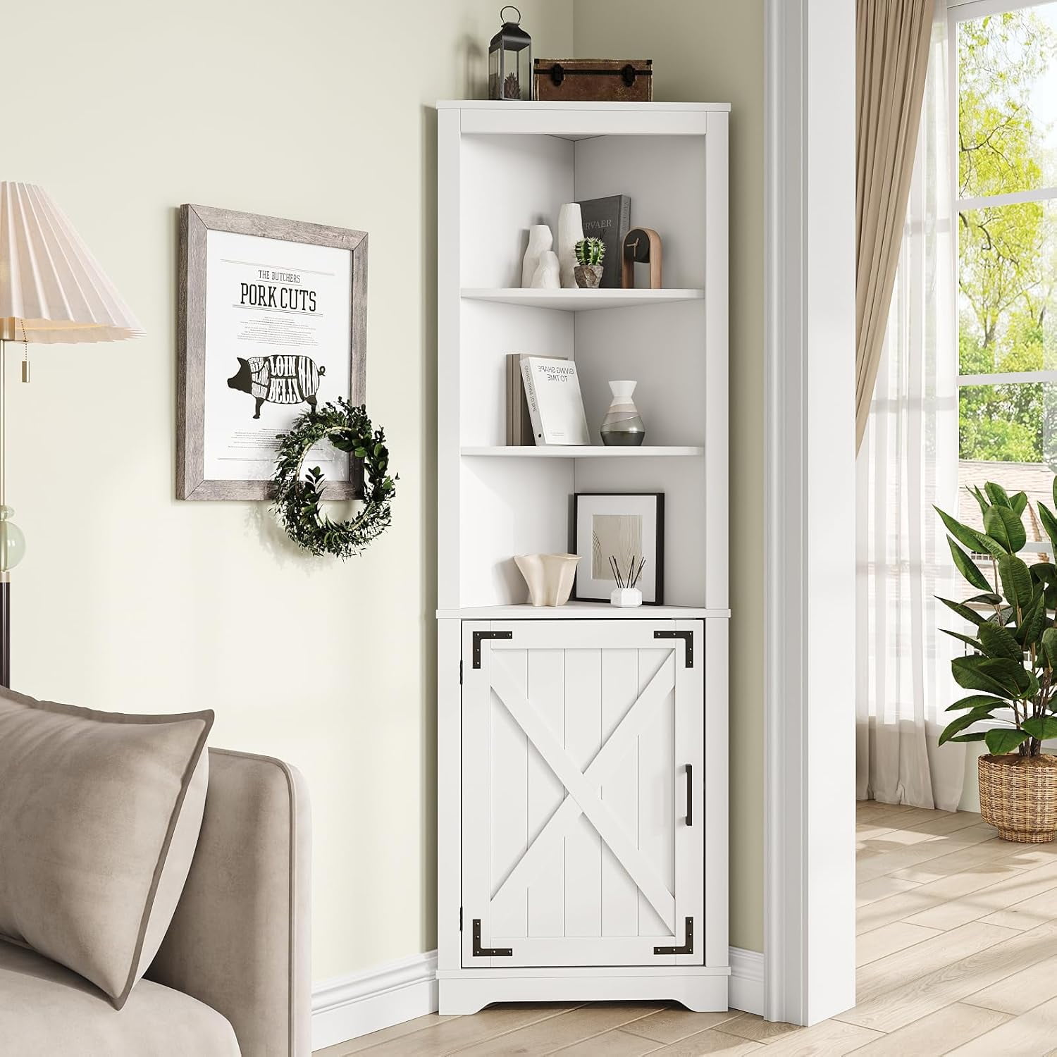 Maupvit 64" Tall Corner Storage Cabinet, 5-Tier Farmhouse Corner Cabinet with Barn Door and ...