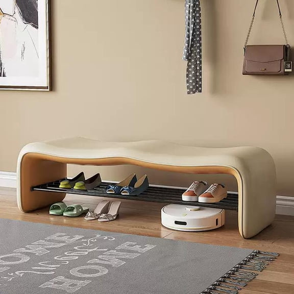 Maupvit Full Wave Curved Top Upholstered Shoe Bench, All-in-One Wavy Cushion Faux Leather Entryway Ottoman