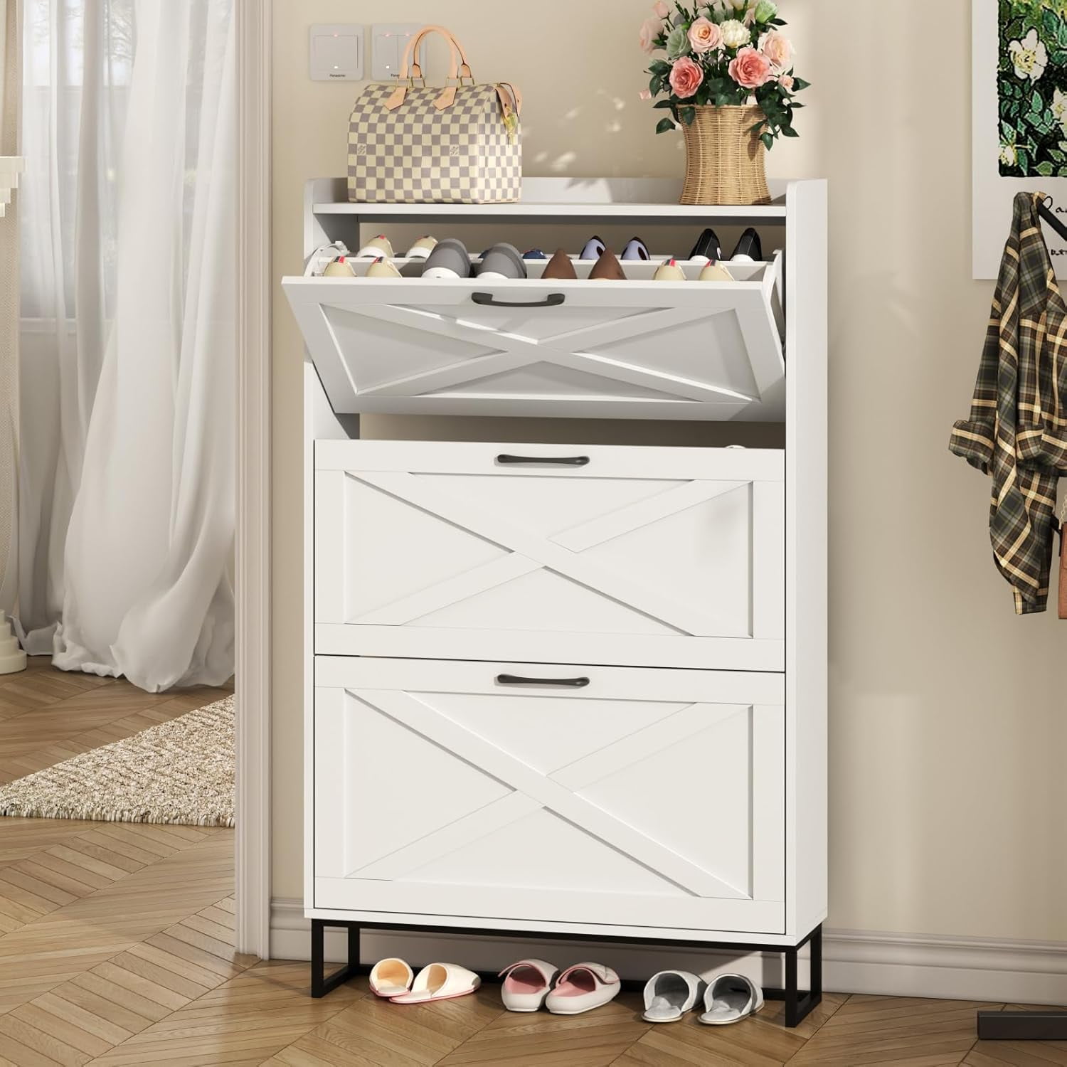 Maupvit Shoe Storage Cabinet with 3 Flip Drawers, Freestanding ...