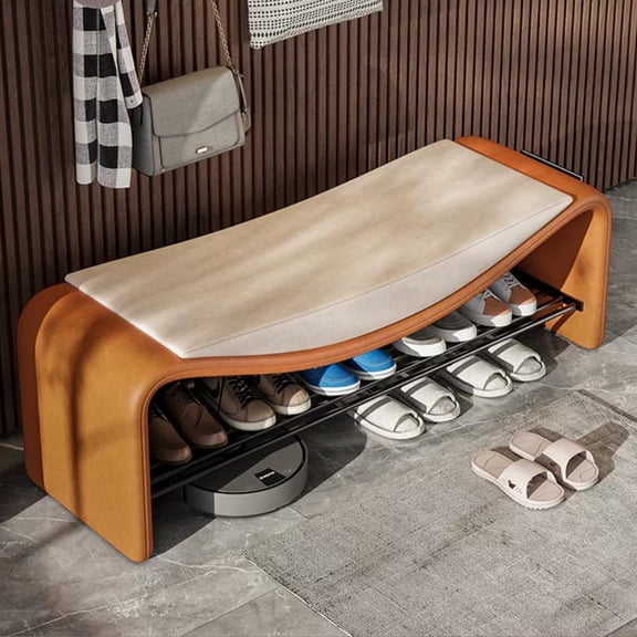 Maupvit Wave Curved Frame Upholstered Shoe Storage Bench, 2-Tier Black Metal Shoe Rack Padded Ottoman Bench