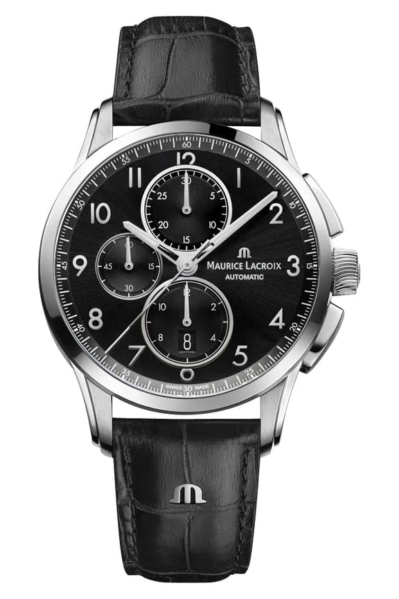 Pontos Automatic Chronograph Stainless Steel Black Dial Black Leather Strap Date Mens Watch PT6388-SS001-320-2