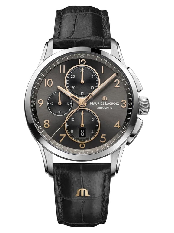 Pontos Automatic Chronograph Stainless Steel Gray Dial Black Leather Strap Date Mens Watch PT6388-SS001-321-2