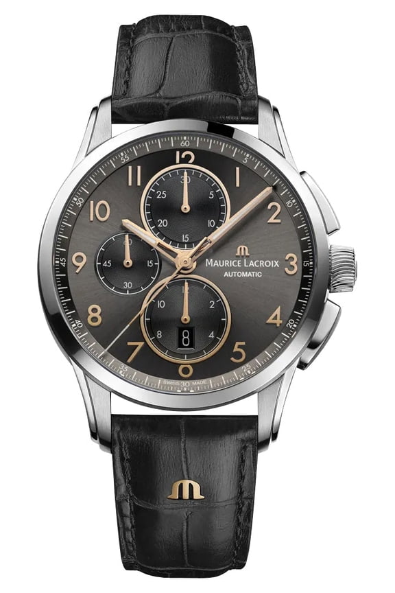 Pontos Automatic Chronograph Stainless Steel Gray Dial Black Leather Strap Date Mens Watch PT6388-SS001-321-2