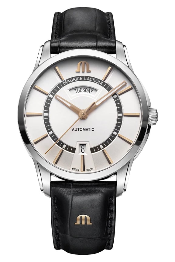 Pontos Automatic Stainless Steel Silver Dial Black Leather Strap Day/Date Mens Watch PT6358-SS001-230-2