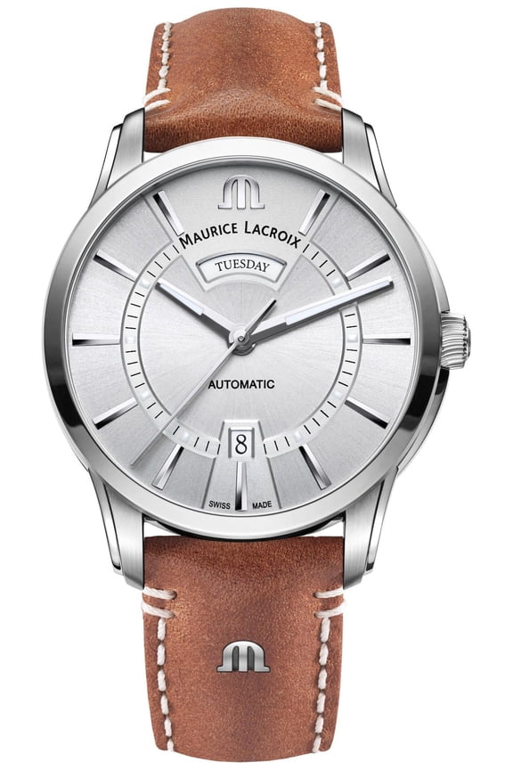 Pontos Automatic Stainless Steel Silver Dial Brown Leather Strap Day/Date Mens Watch PT6358-SS001-130-2
