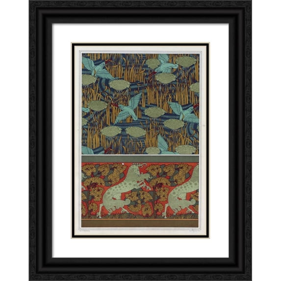 Maurice Pillard Verneuil 11x14 Black Ornate Wood Framed Double Matted Museum Art Print Titled: Martins-Fishermen and Umbel, Wallpaper. Horses and Trees, Border. (1897)