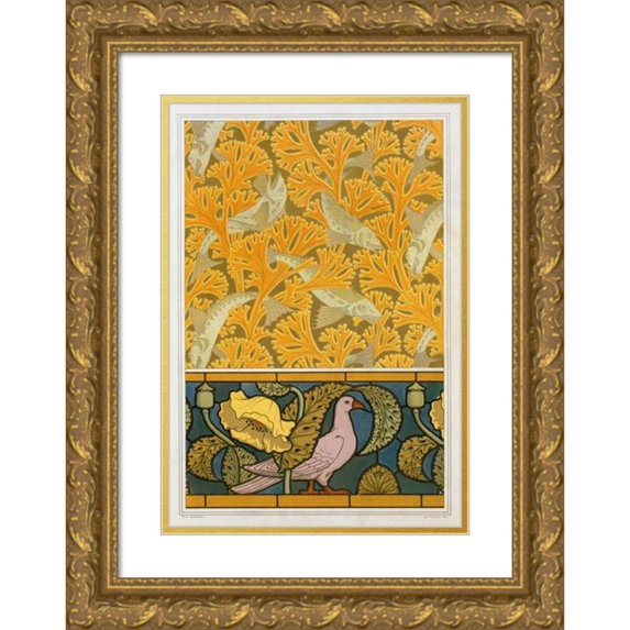 Maurice Pillard Verneuil 14x18 Gold Ornate Wood Frame and Double Matted Museum Art Print Titled - Fish and Seaweed, Wallpaper; Pigeon and Pavots, Stained Glass Border (1897)