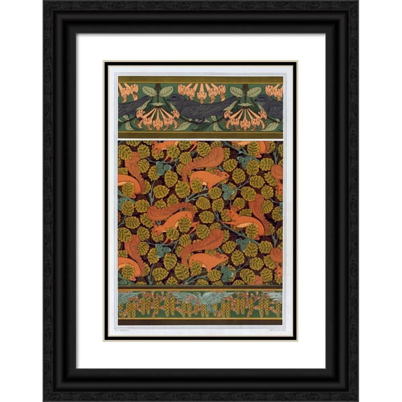 Maurice Pillard Verneuil 18x24 Black Ornate Framed Double Matted Museum Art Print Titled: Martinets and Honeysuckle, Border. Squirrels and Hazelnuts, Wallpaper. Birds and Hazelnuts