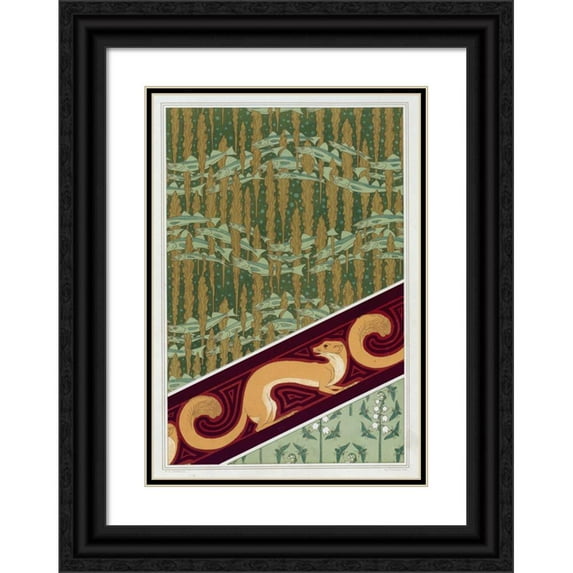 Maurice Pillard Verneuil 18x24 Black Ornate Framed Double Matted Museum Art Print Titled: Merlans and Seaweed, Wallpaper. Flies and Thrush, Silk Fabric. Vulgar Hermine, Border. (18