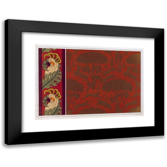 Maurice Pillard Verneuil 24x18 Black Modern Framed Museum Art Print Titled - Cacatoes, Border. Dogs, Kids and Marcassins, Embossed and Gilded Leather (1897)
