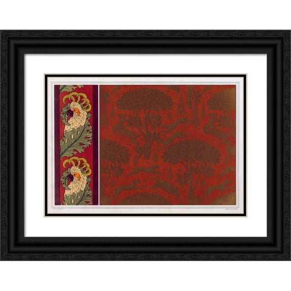 Maurice Pillard Verneuil 24x18 Black Ornate Framed Double Matted Museum Art Print Titled: Cacatoes, Border. Dogs, Kids and Marcassins, Embossed and Gilded Leather (1897)
