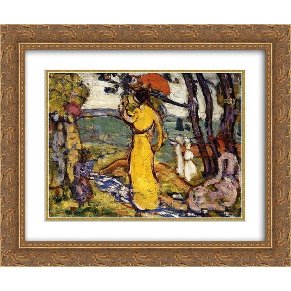 Maurice Prendergast 2x Matted 24x20 Gold Ornate Framed Art Print 'Lady in Yellow Dress in the Park (also known as A Lady in Yellow in the Park)'