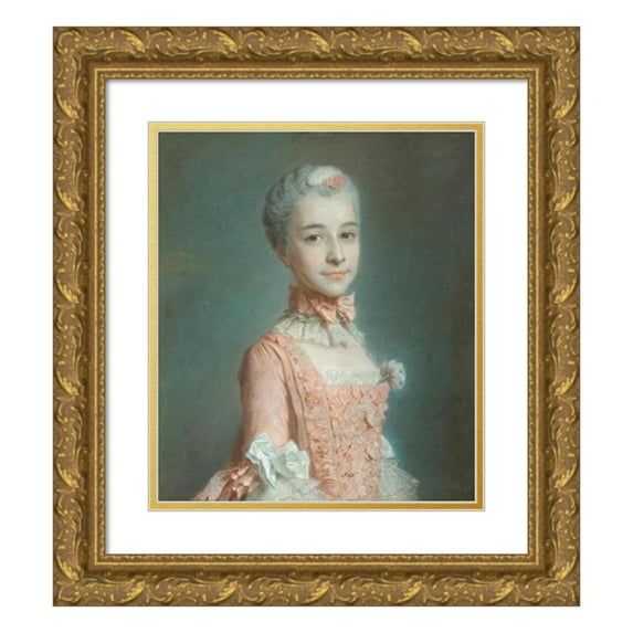 Maurice-Quentin de La Tour 12x14 Gold Ornate Wood Frame and Double Matted Museum Art Print Titled - Portrait of a Lady Wearing a Pink Dress