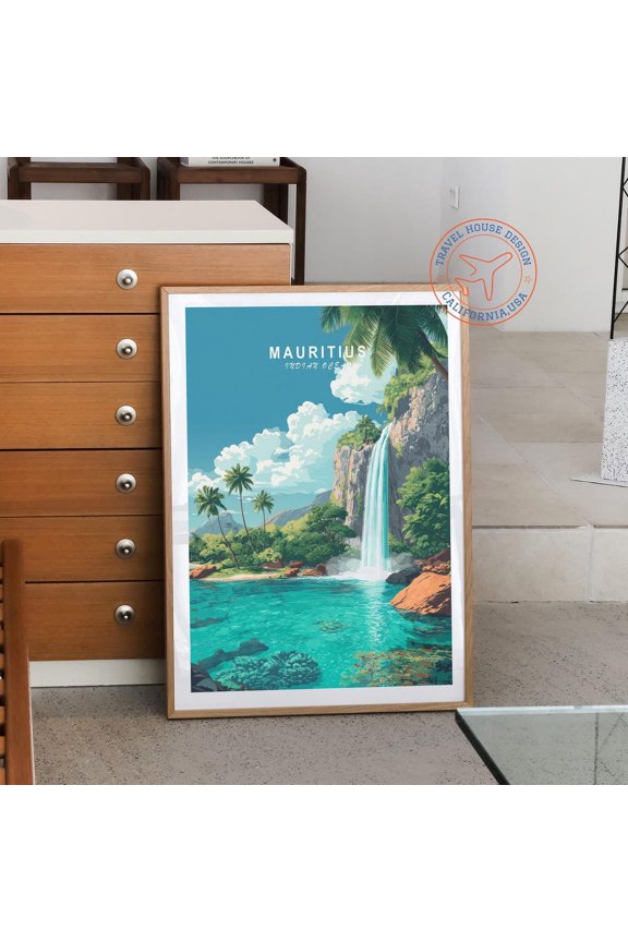 Mauritius Indian Ocean Waterfall Nature Print, Stretched Canvas Size 8x12