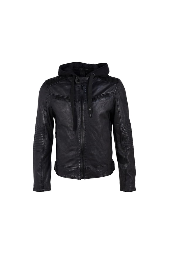 Men's Kayto Genuine Leather Jacket with Detach Hoodie (Black, XXL)