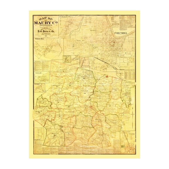 Maury County Tennessee Art, 1878 Vintage Map of Maury County TN History Wall Decor Gift, Old Maury County TN Map - 18" x 24" Unframed Print