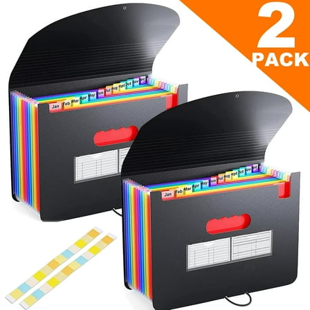 Maustic 2 Pack 12 Pockets Expanding File Folder,Black Desktop Accordion Folders Document Storage Organizer with Expandable Cover (A4/Letter Size)