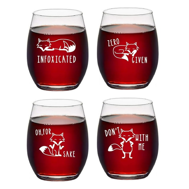 Maustic 4 Pack Stemless Wine Glass for Women, Funny Fox Series