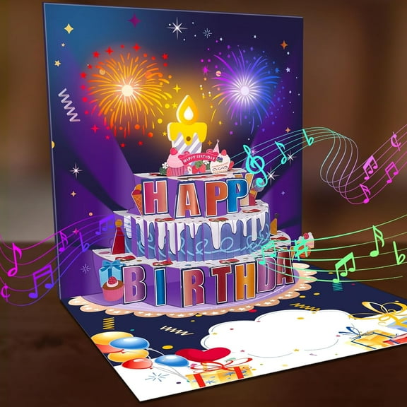 Maustic Birthday Cards Happy Birthday Blow Out the Candle Cards Fireworks Cake Light and Music Card Gift for Women, Men, Mom, Grandma