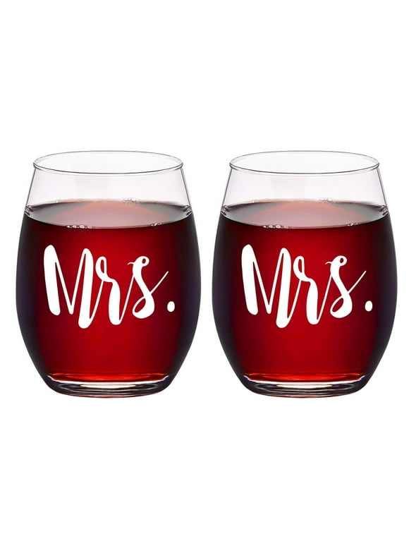 Maustic Funny Stemless Wine Glass Set of 2, Mrs and Mrs Wine Glass for Her Wife Girlfriend Lesbian Couple, Unique Gift Idea for Wedding Engagement Valentine’s Day Birthday Anniversary, 15 Oz