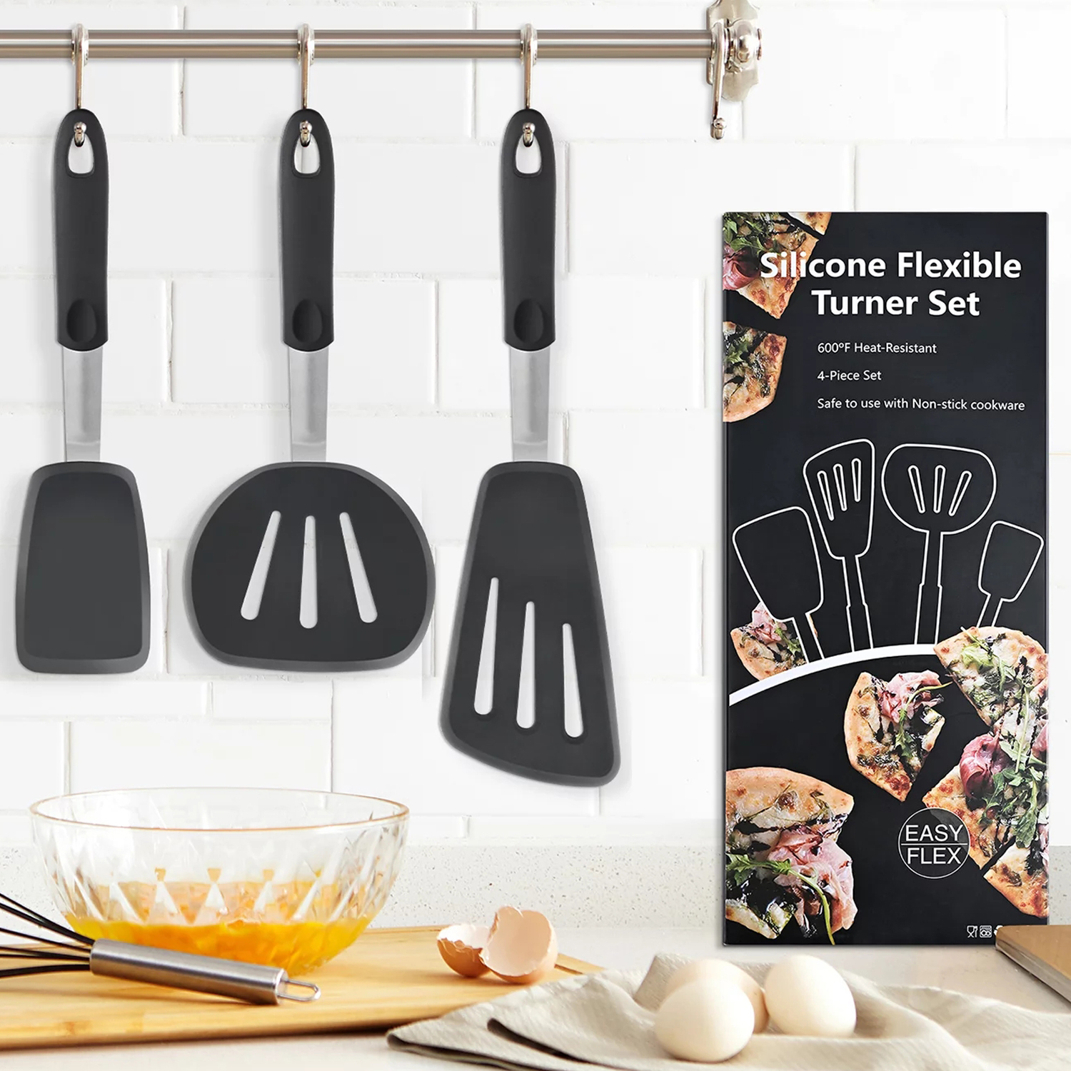 Maustic Kitchen Silicone Spatula, 3 Pack Black Spatulas Kitchen Spatulas for Nonstick Cookware