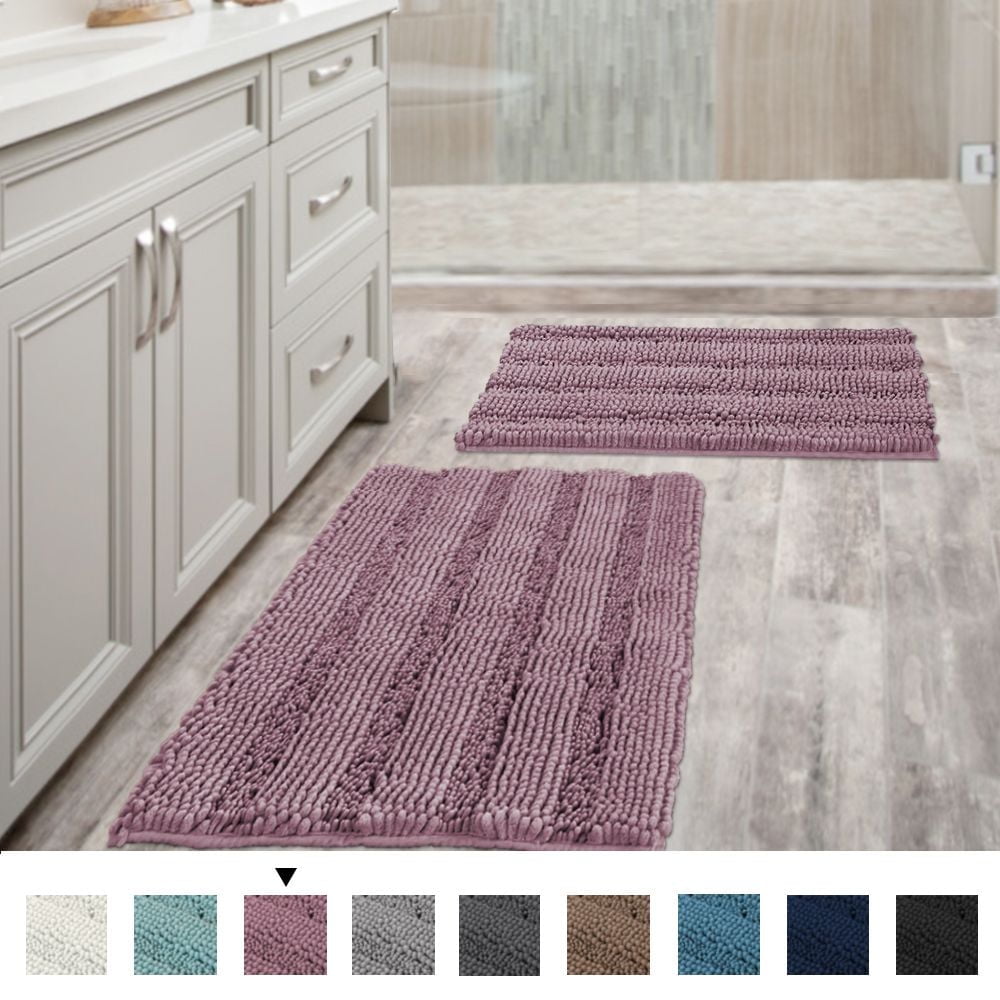 Mauve Bathroom Rugs Ultra Thick and Soft Texture Chenille Plush Striped Floor Mats Hand Tufted
