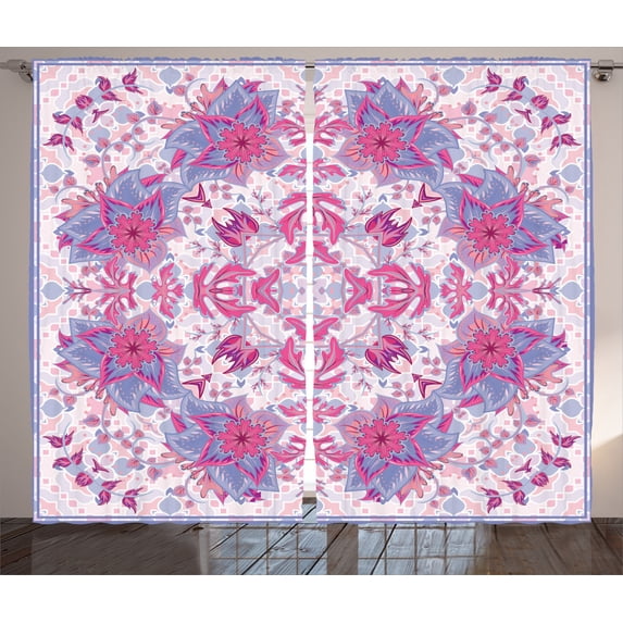 Ambesonne Persian Curtains 2 Panel Set, Boho Floral Old Art, 108" x 84", Pink and Pale Blue