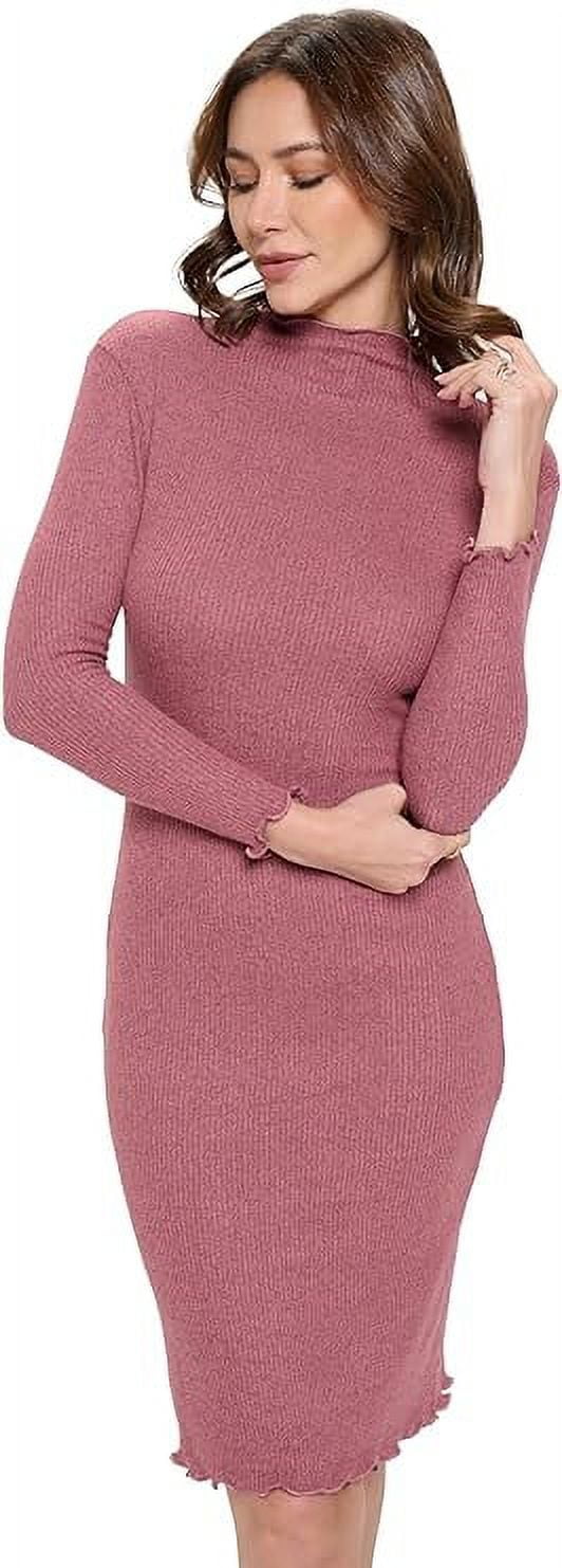 Women's Long Sleeve Midi Cocktail Bodycon Dress, Stretchy Ribbed Knit, High  Neck(Mauve Deep Small Size) - Walmart.com