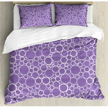 Mauve Duvet Cover Set, Abstract Geometrical Linked Circles in Many Sizes Fractal Diameter Rings Print, Decorative 3 Piece Bedding Set with 2 Pillow Shams, Calking Size, Violet White, by Ambesonne