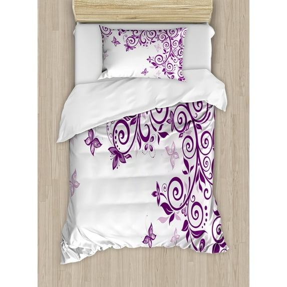 Mauve Duvet Cover Set, Classic Twiggy French Styled Lilium Floral Branch Swirls Design Art Print, Decorative 2 Piece Bedding Set with 1 Pillow Shams, Twin Size, Violet, by Ambesonne